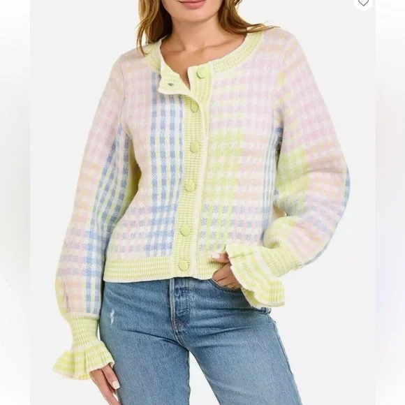 LoveShackFancy $475 Keoni Button Down Cardigan Sweater, Mint Jelly Small plaid - Picture 4 of 9
